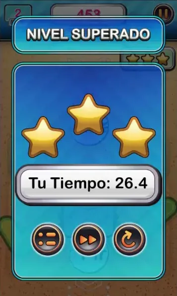 Pantalla de nivel superado con calificación de tres estrellas
