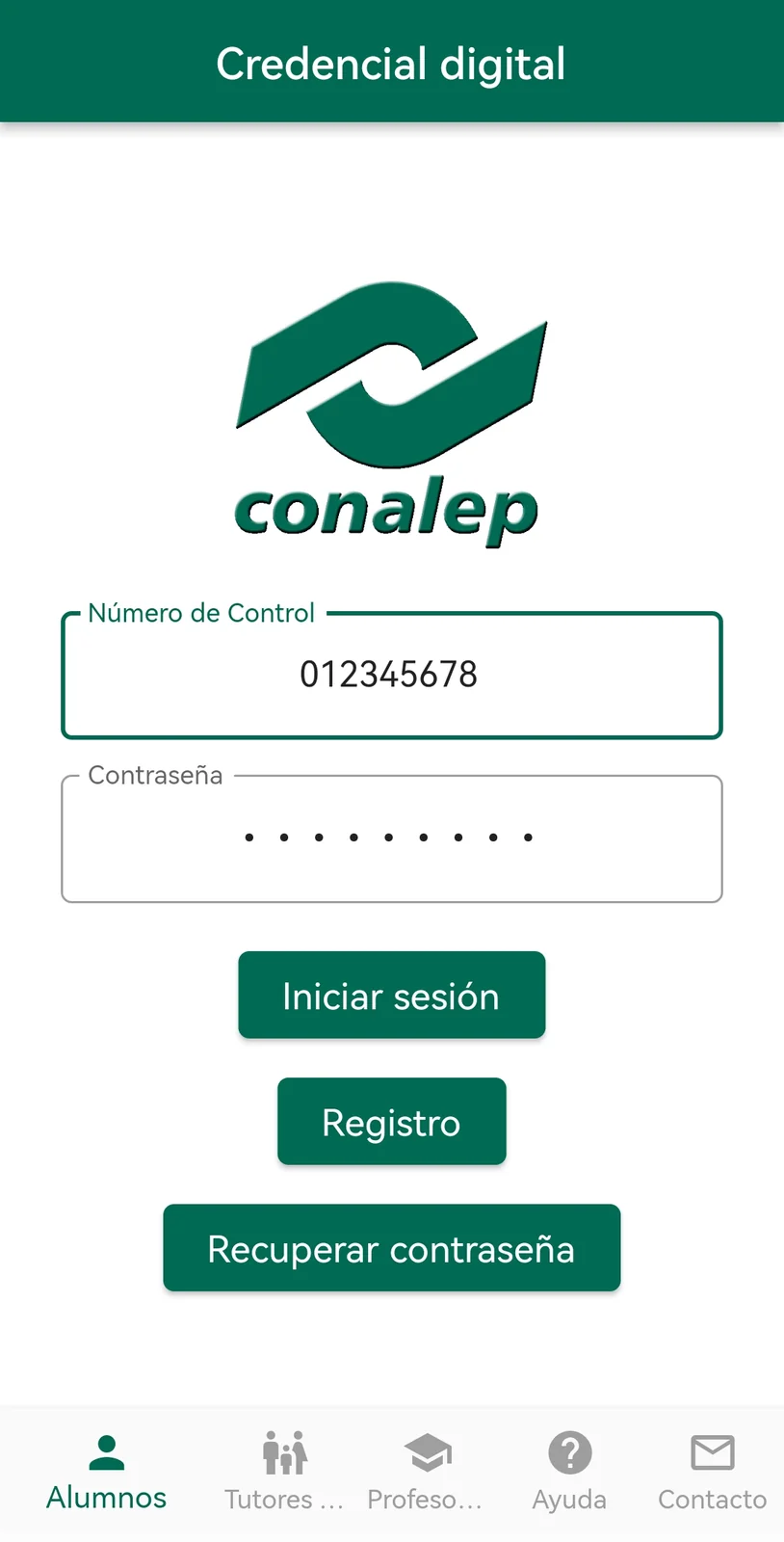 Pantalla de inicio de sesión de la app Credencial Digital de Conalep