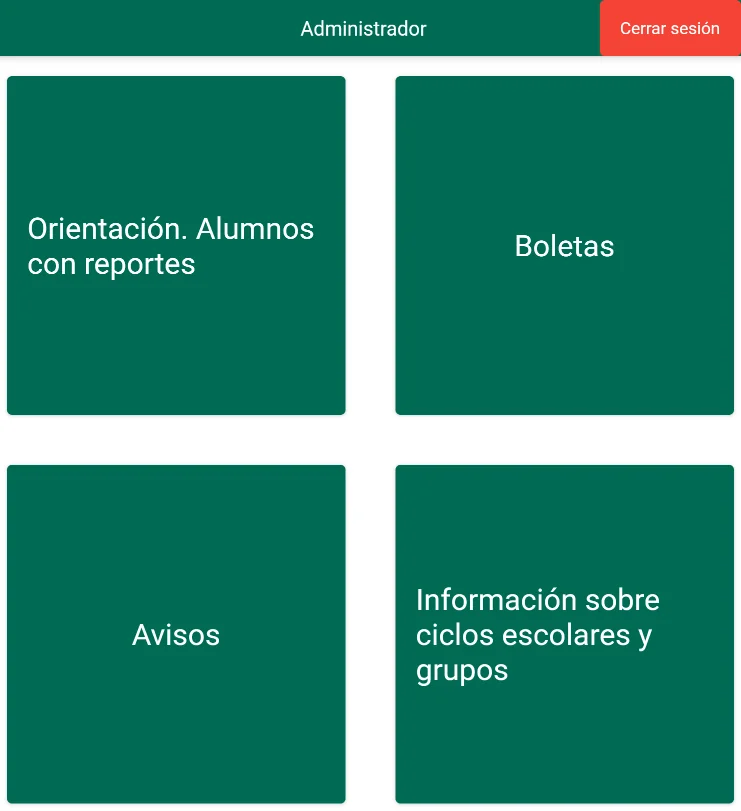 Panel de administración web de Credenciales Conalep con los módulos de orientación, boletas, avisos e información escolar