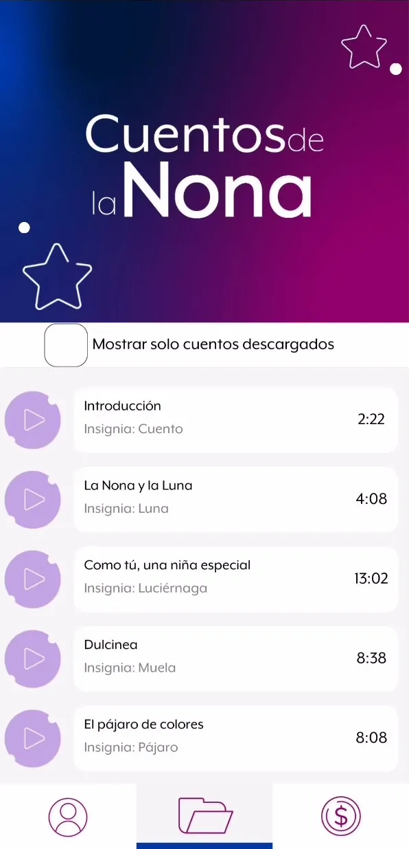 Pantalla principal de Cuentos de la Nona con la lista de cuentos disponibles