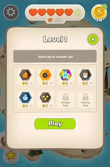 Pantalla de selección de power-ups antes de iniciar un nivel