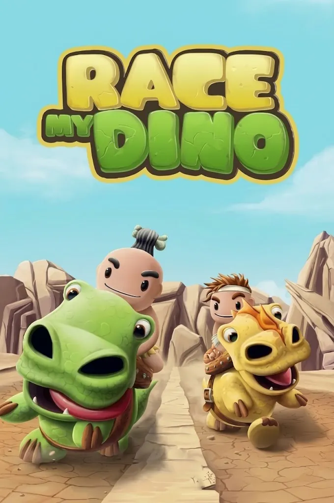 Arte principal de Race my Dino con dos jinetes sobre sus dinosaurios