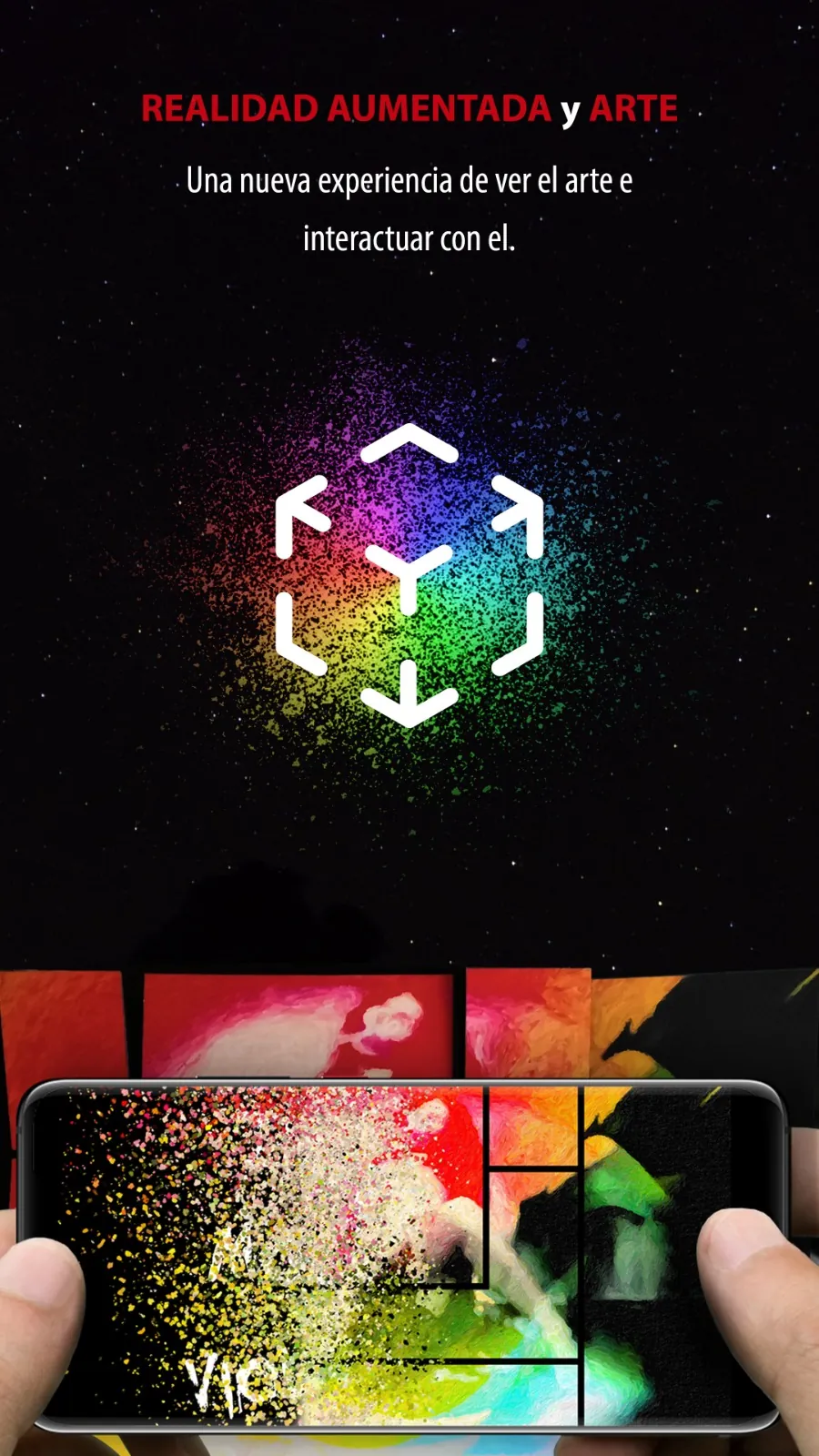 Pintura de Gerardo Castro deshaciéndose en partículas de color a través de la cámara del celular