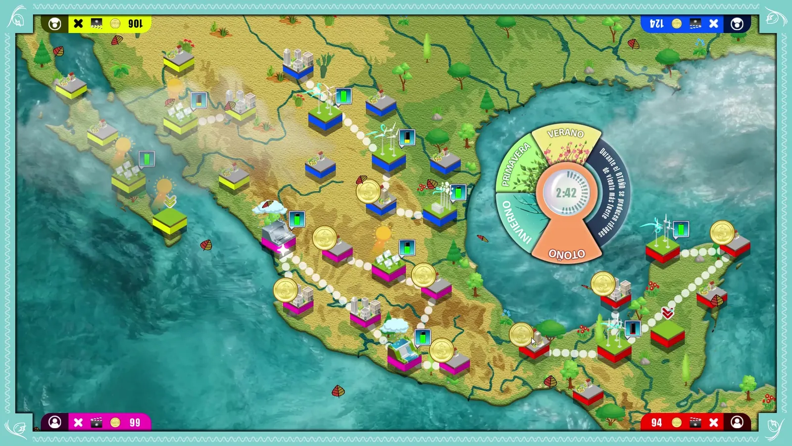 Mapa interactivo de México con fuentes de energía del juego para hasta 4 jugadores